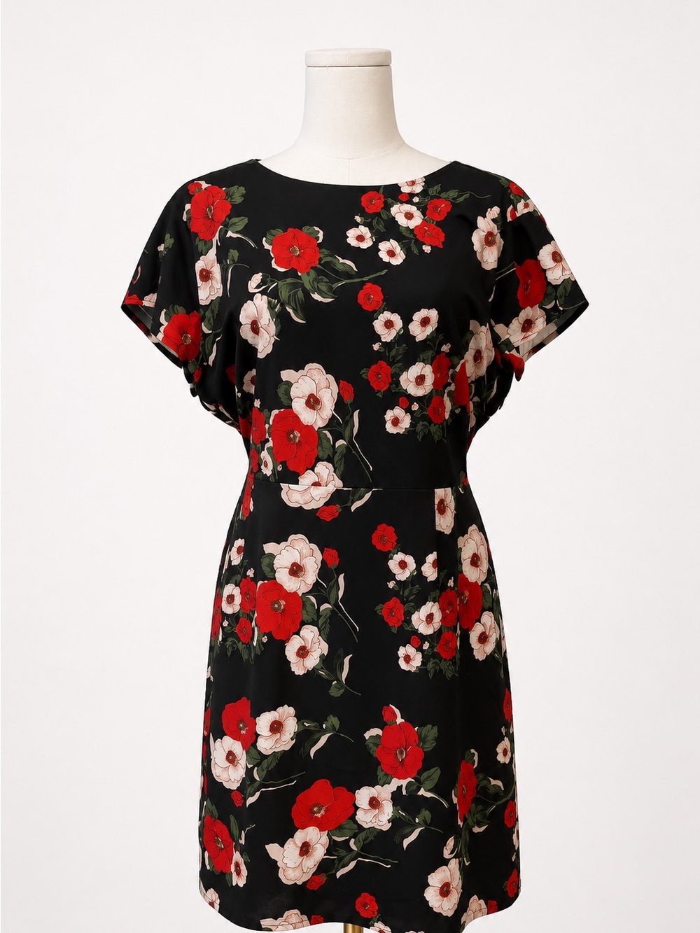 About Us Addison Floral Mini Dress Black Red Cream Short Sleeve Size M